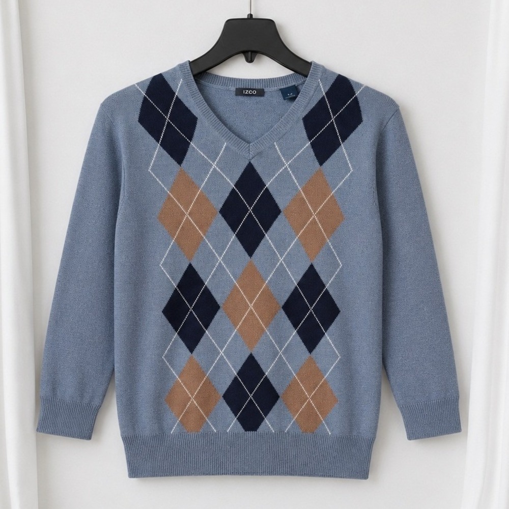 IZOD Argyle V Neck Sweater Mens Large Blue Brown Preppy Golf Dad Academia‎